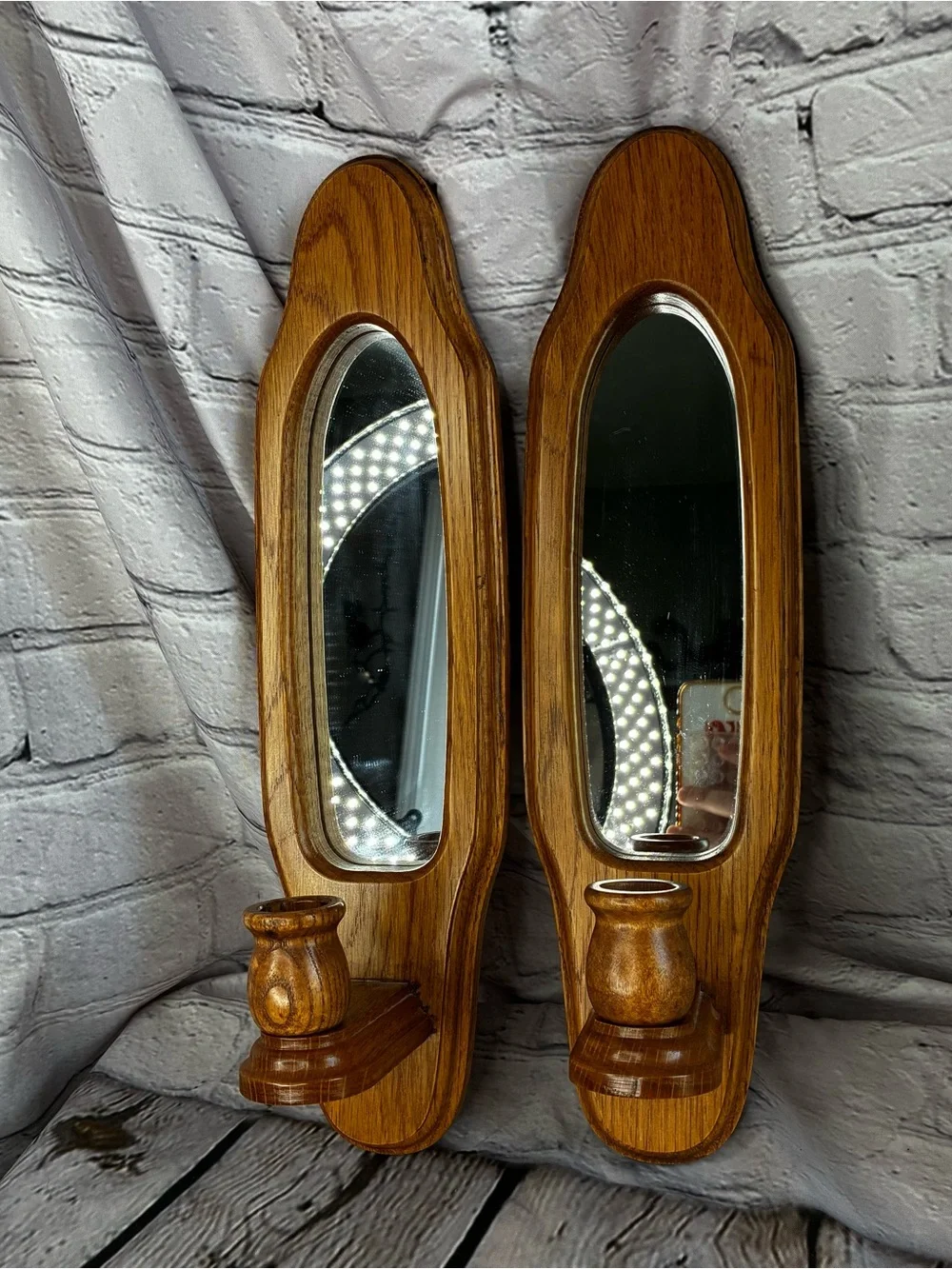 2 Vtg Americana Cottagecore Oak Wood Mirror Taper Candle Wall Sconces Grannycore